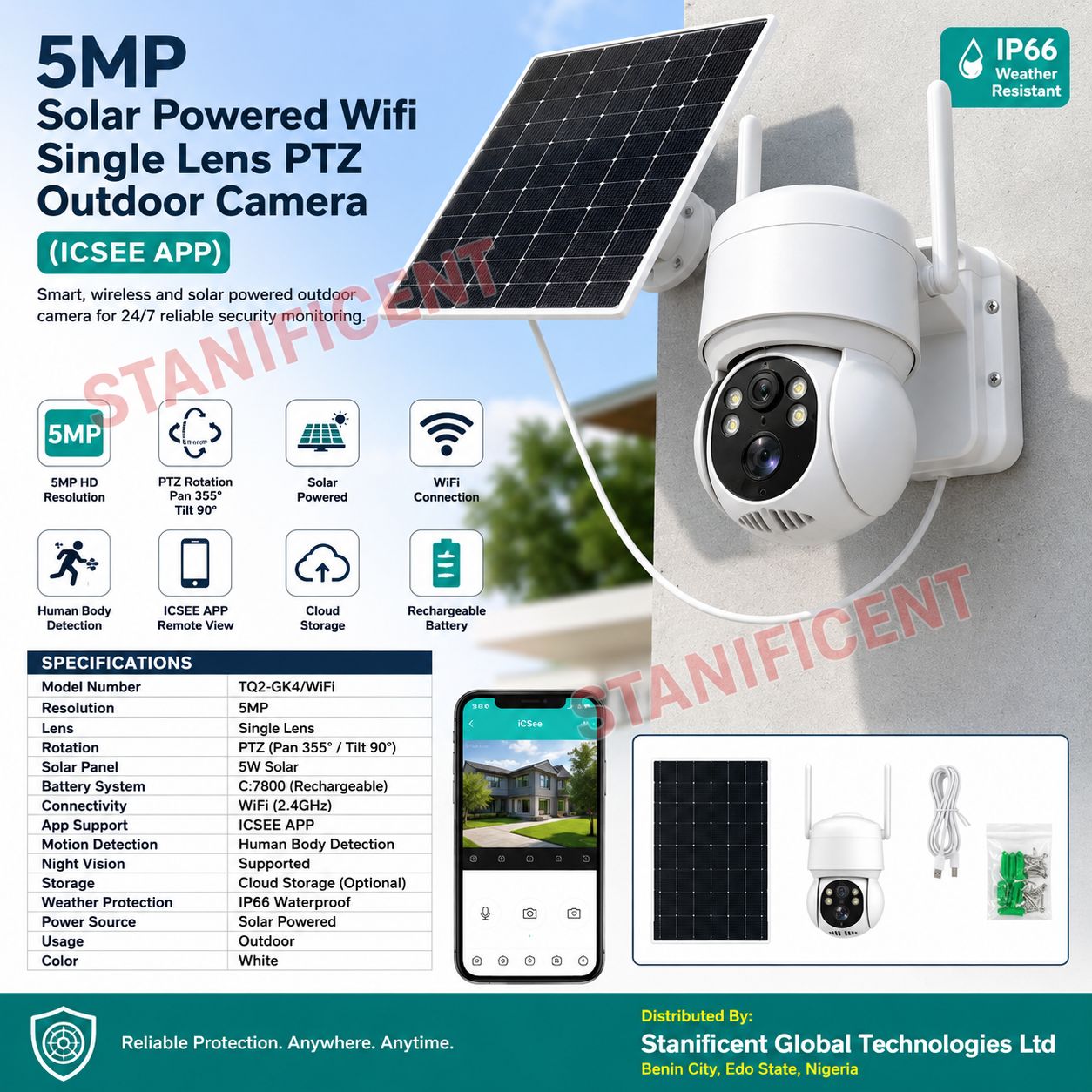 5mp Solar Powered Wifi Single Lens Ptz Outdoor Camera (icsee App)