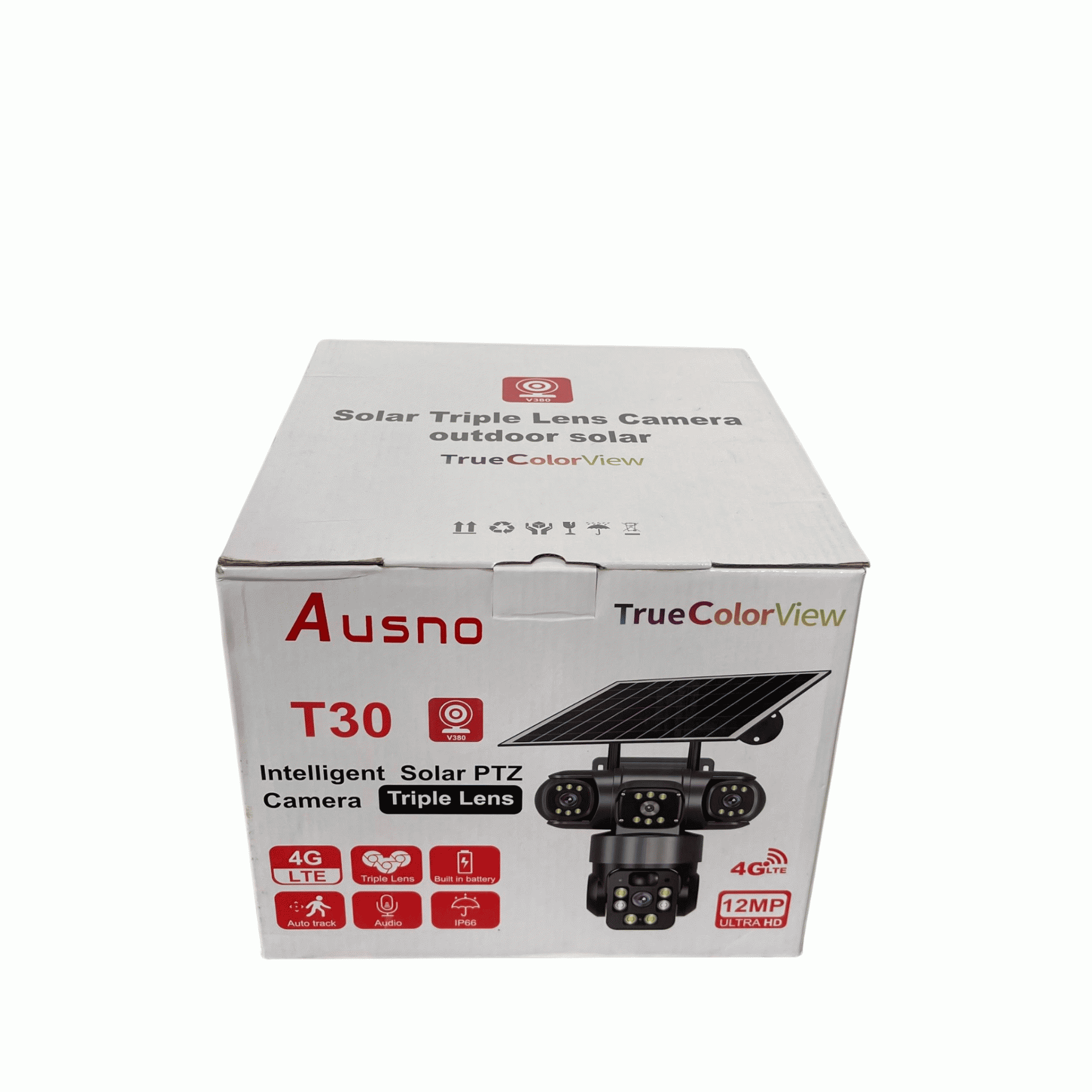 Ausno 12mp 4g T30 True Triple Lens Solar Ptz Big Outdoor Camera With Auto Tracking V380 A