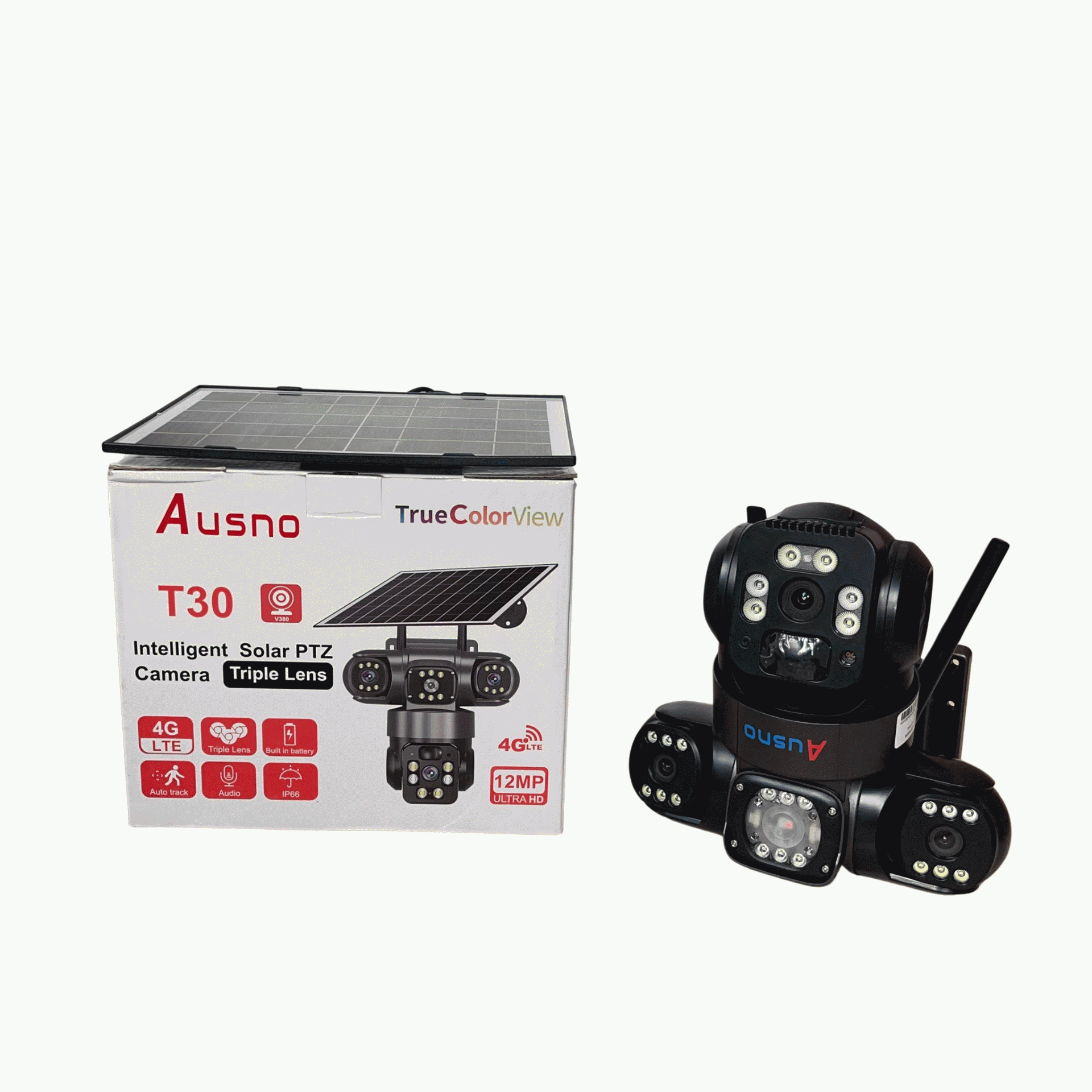 Ausno 12MP 4G T30 True Triple Lens Solar PTZ Big Outdoor Camera With Auto Tracking (V380 APP)