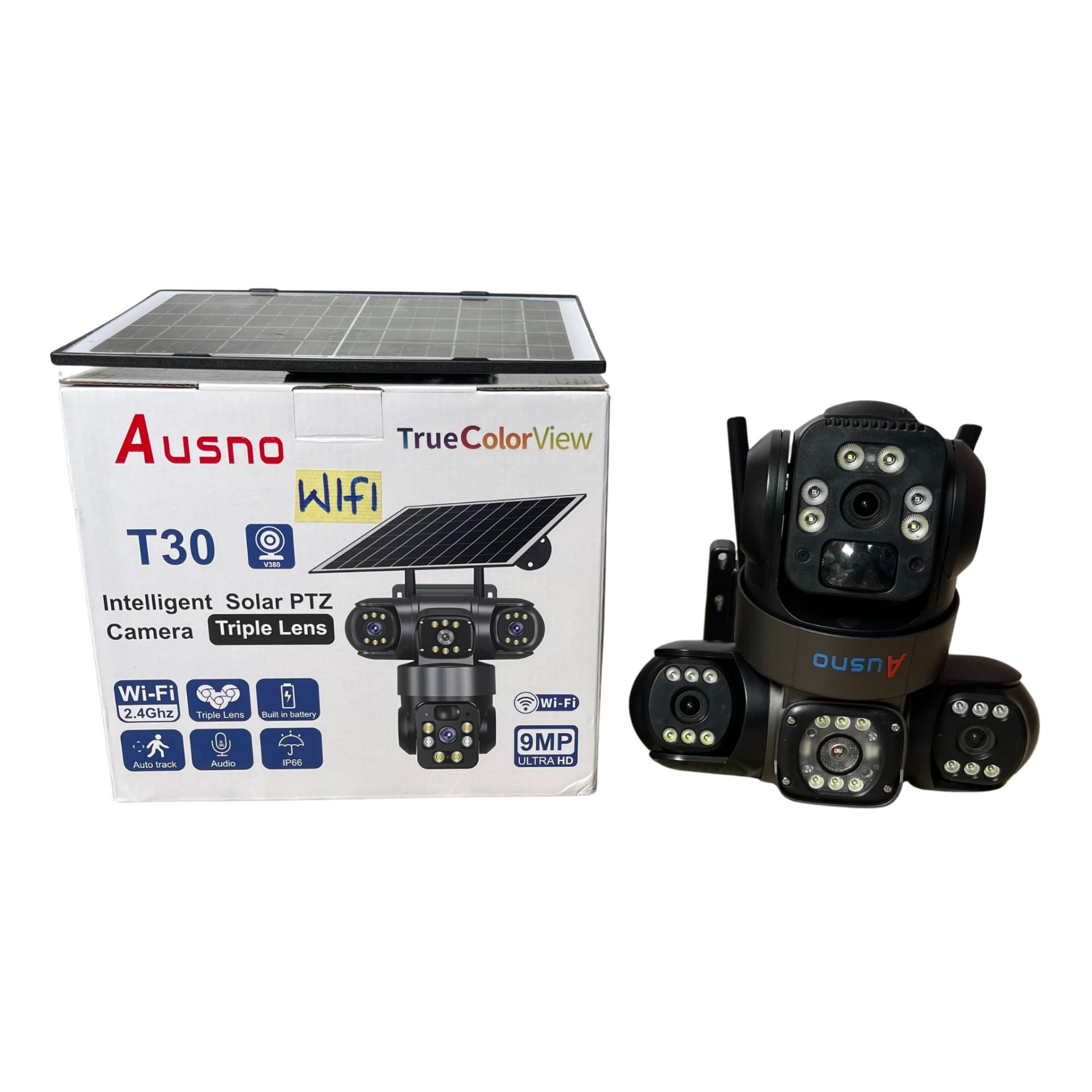 Ausno T30 9MP WiFi True Triple Lens Solar PTZ Big Outdoor Camera With Auto Tracking (V380 APP)