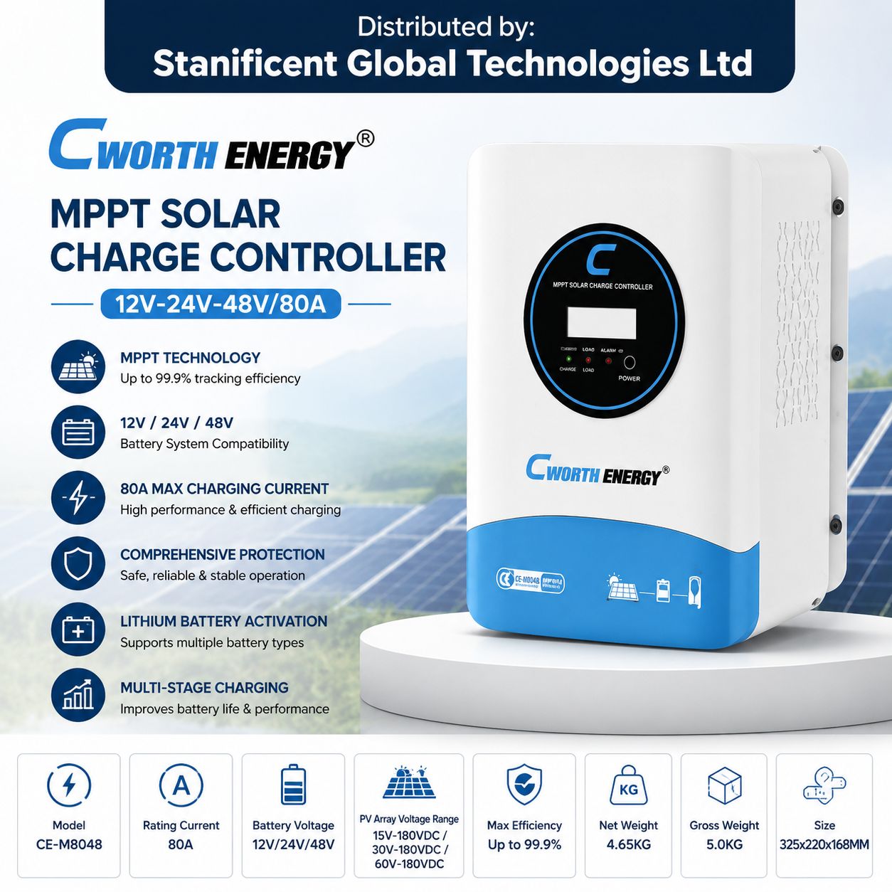Cworth Energy MPPT 12V-24V-48V/80A Solar Charge Controller