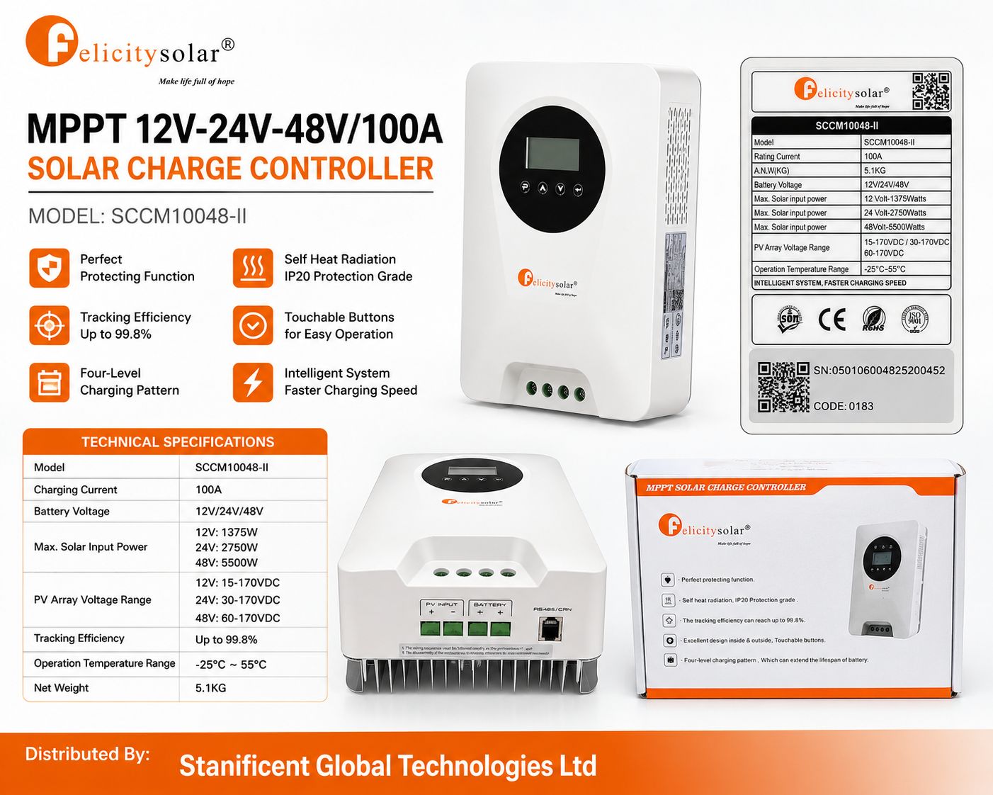 Felicity MPPT 12V-24V-48V/100A Solar Charge Controller