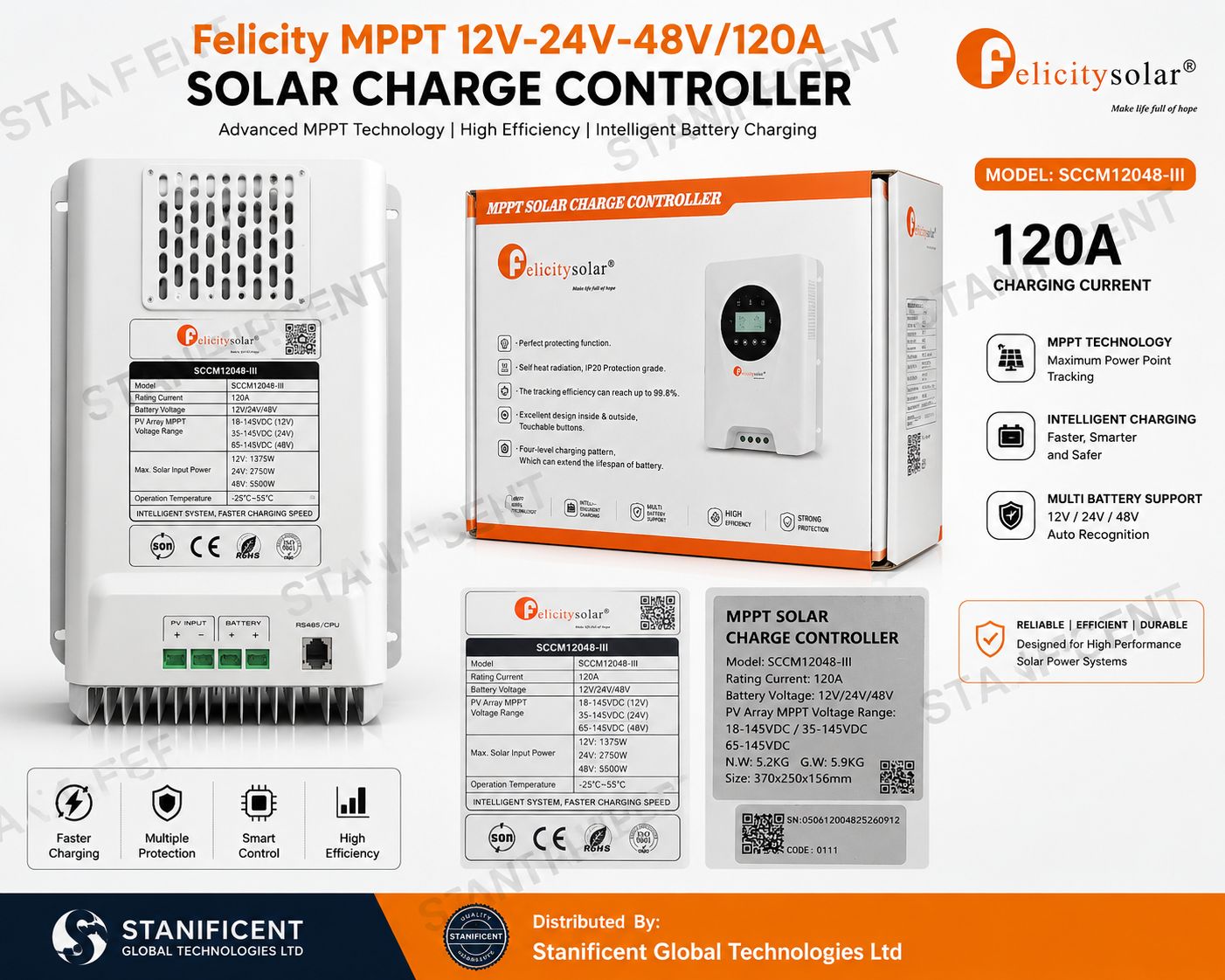 Felicity MPPT 12V-24V-48V/120A Solar Charge Controller