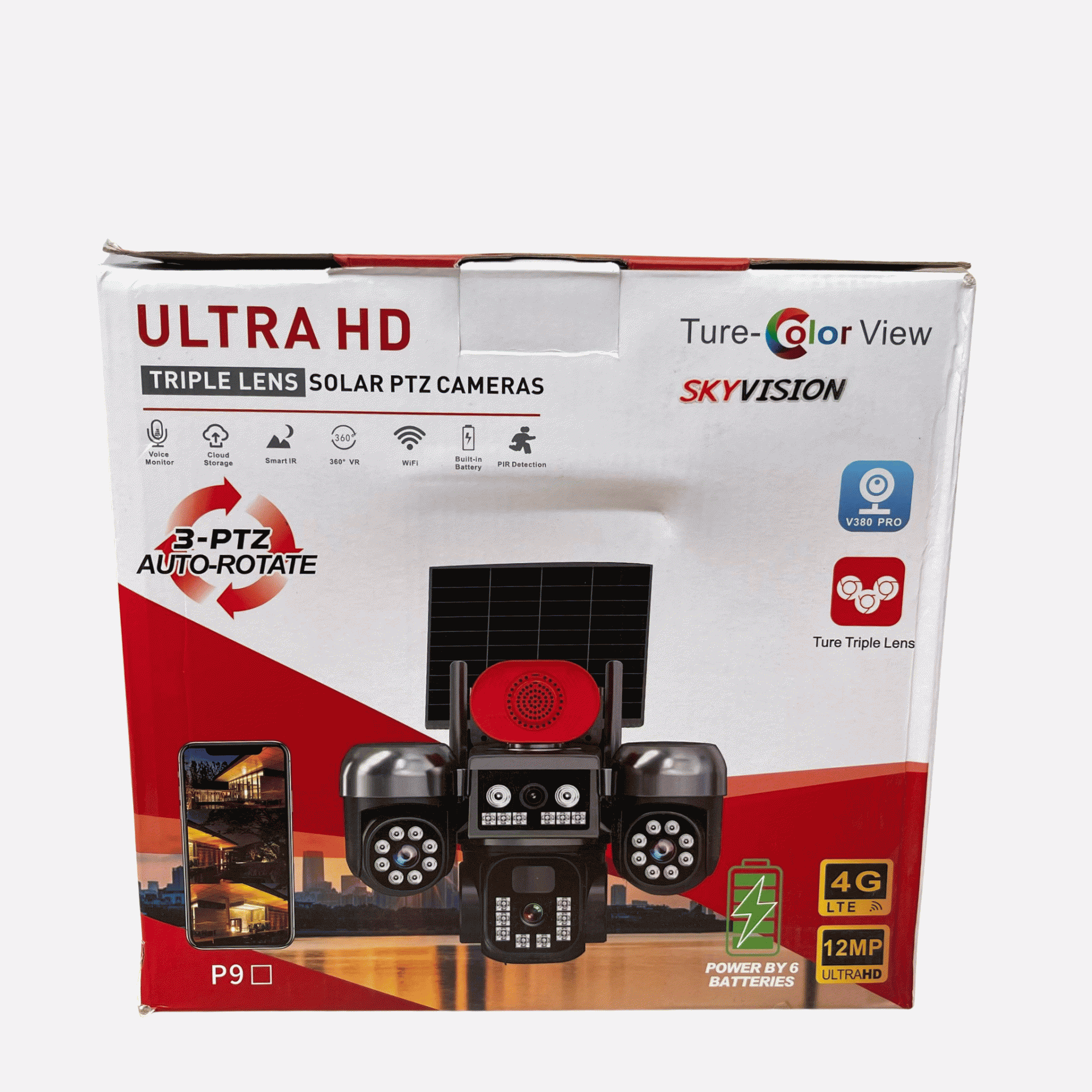 Skyvision 12mp 4g Triple Lens Solar 3 Ptz Auto Rotate Big Outdoor Camera V380 App