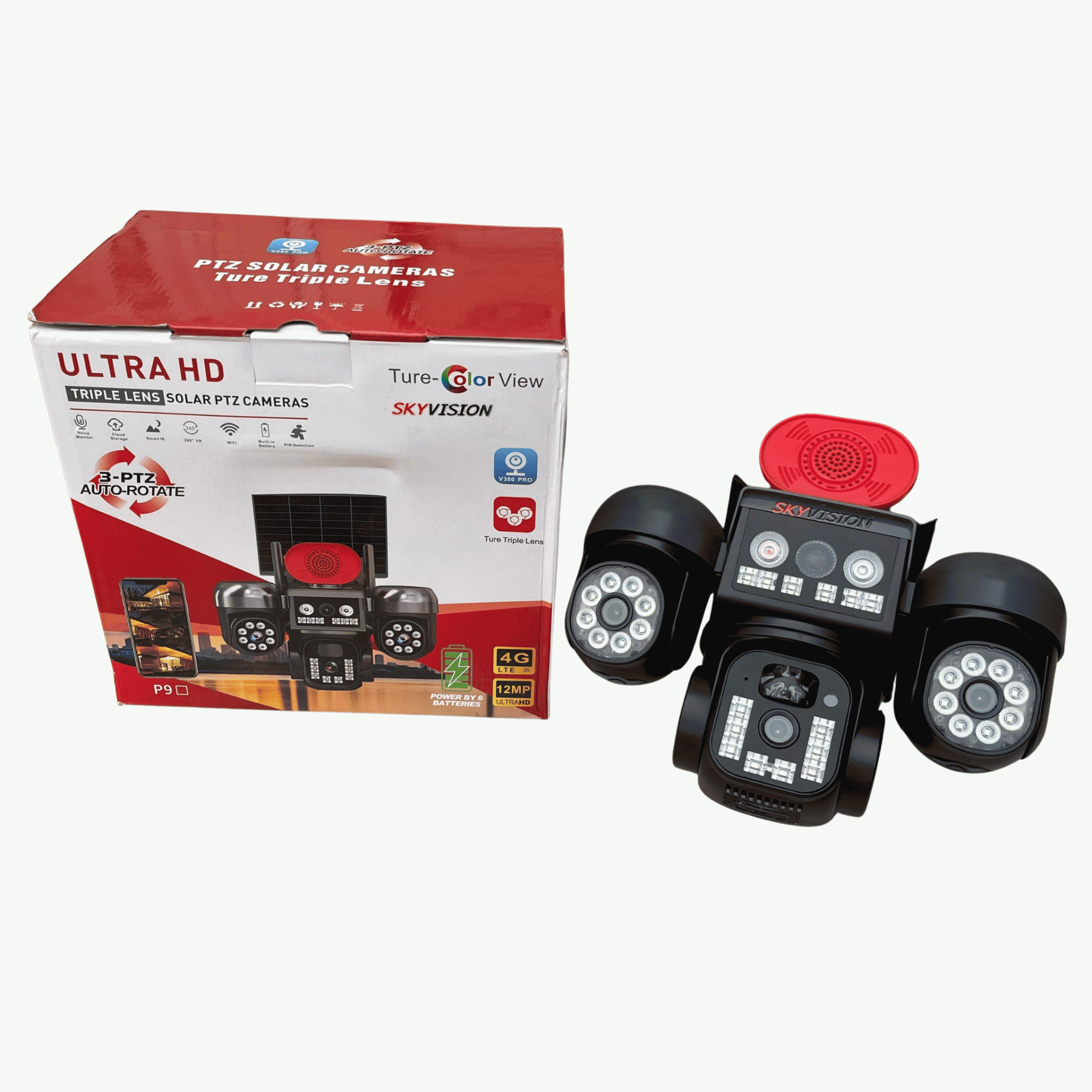 Skyvision 12MP 4G Triple Lens Solar 3-PTZ Auto Rotate Big Outdoor Camera (V380 APP)