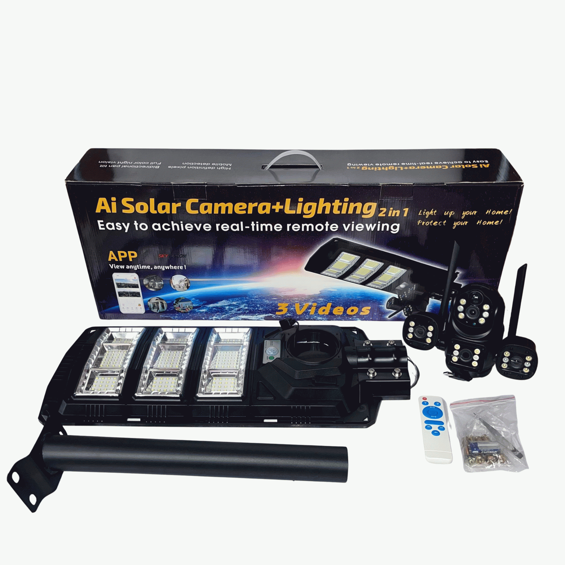 Skyvision 450watts Solar Street Light With Dual Lens – Triple Screen 4K 4G Solar Camera (V380 App)