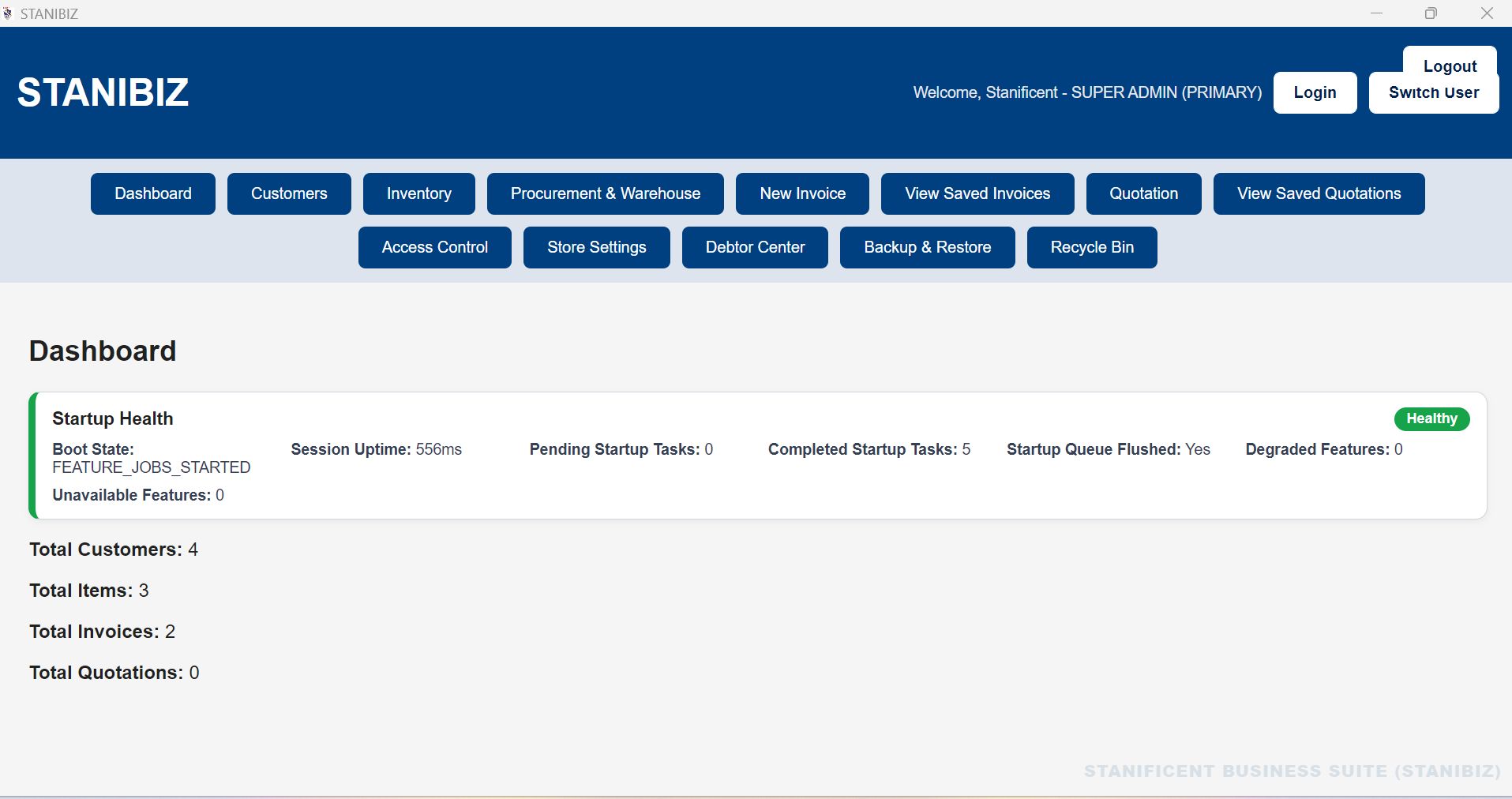 STANIBIZ Software Dashboard Page – Sales, Invoicing and Operations