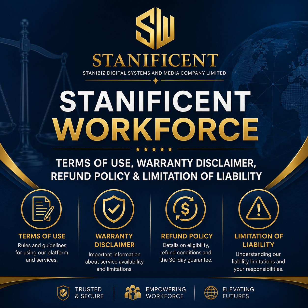 STANIFICENT WORKFORCE - Terms of Use, Warranty Disclaimer, Refund Policy & Limitation of Liability
